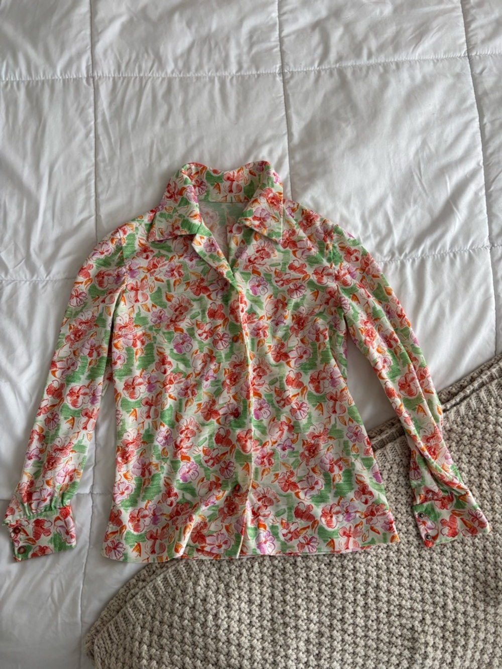 Floral Button-Up Shirt in Green, Pink & Orange